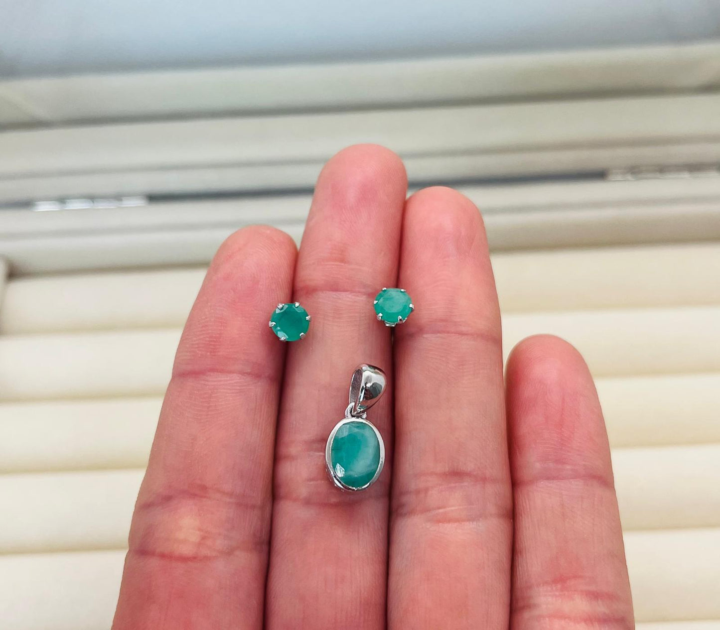 Zambian Emerald Earrings and Pendant in Sterling Silver - The Silver Petal