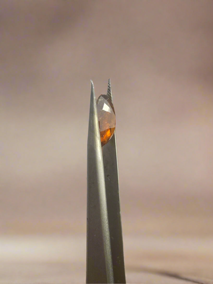 Small amber stone held between tweezers on a wooden surface