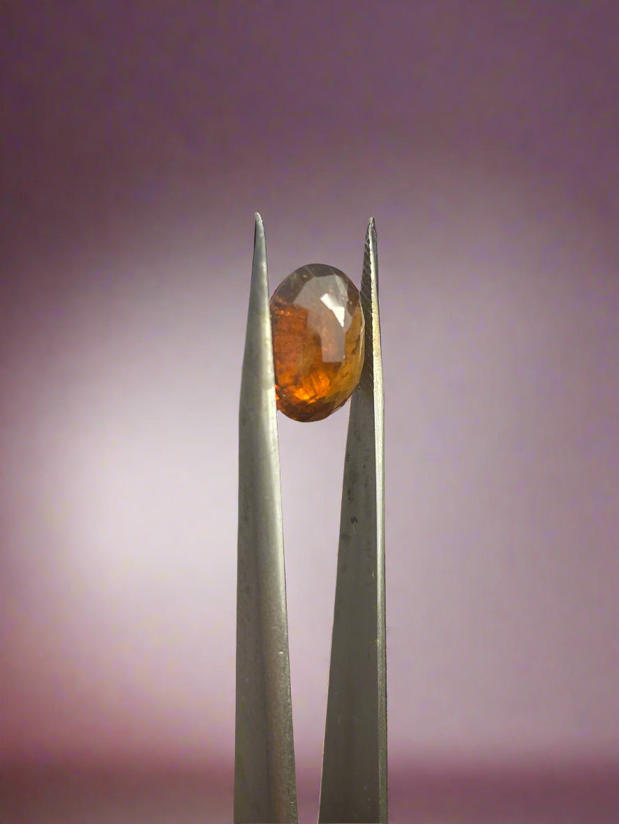 Small amber stone held between tweezers on a wooden surface