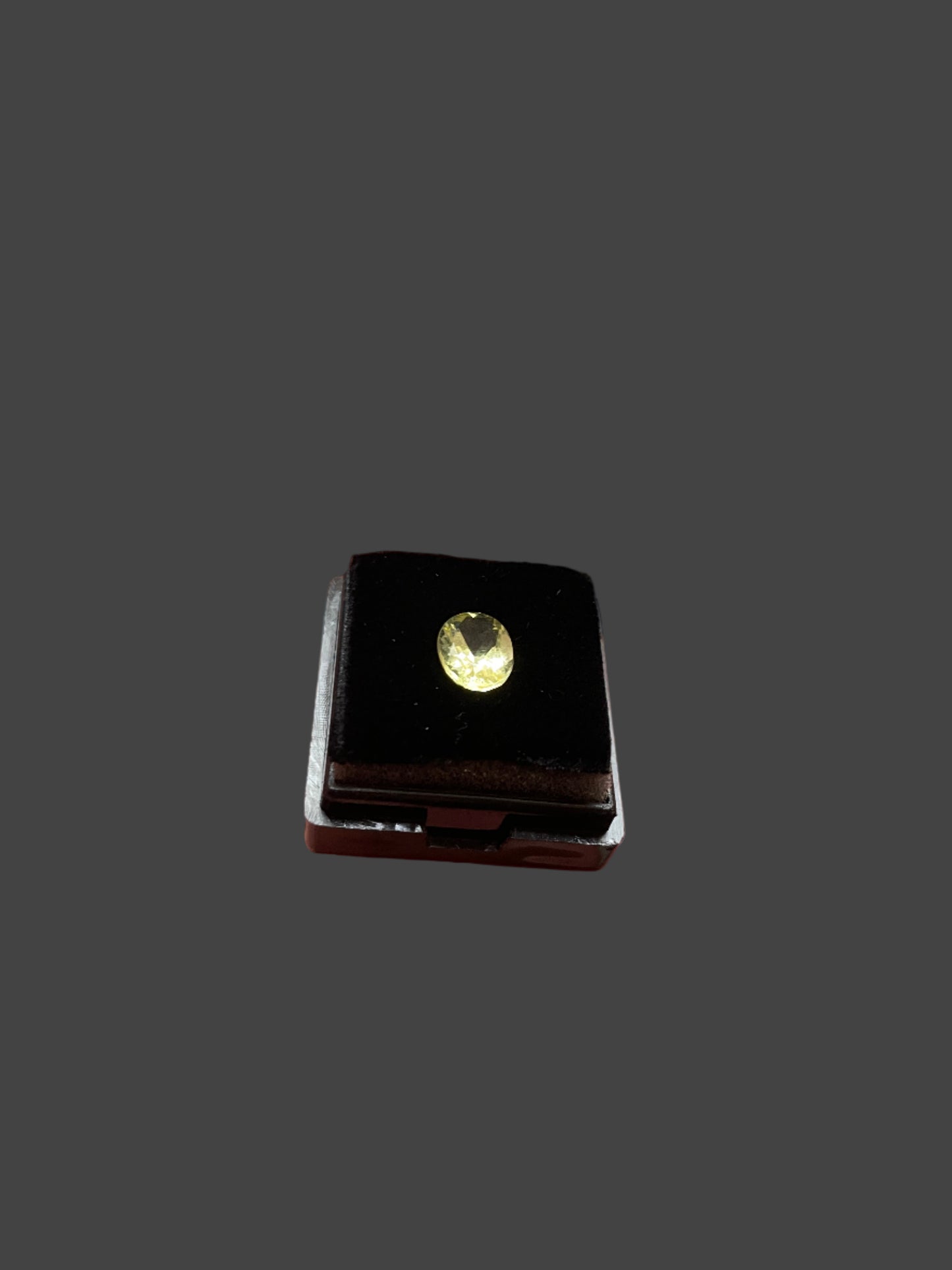 Small black square object with a gold button held in a hand against a blurred background