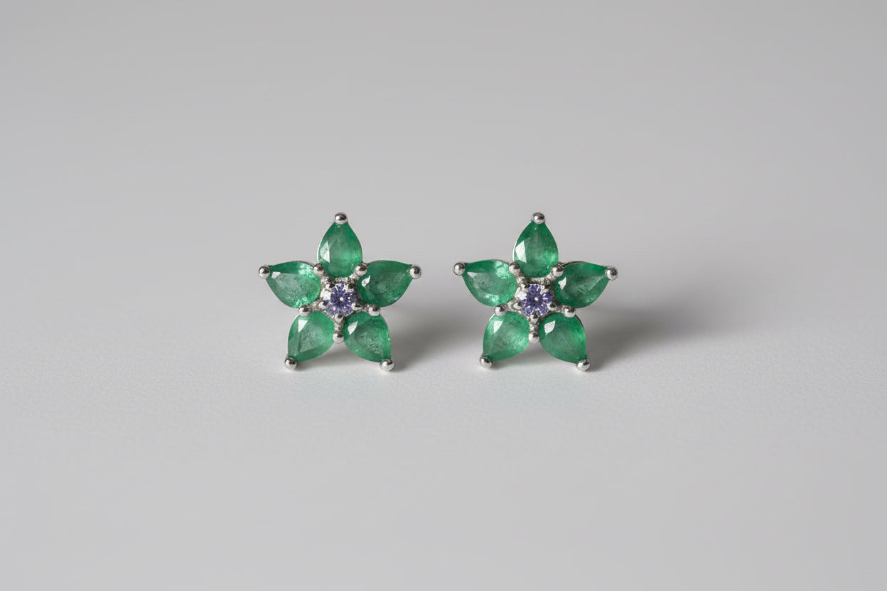 Emerald star shaped sterling silver earrings